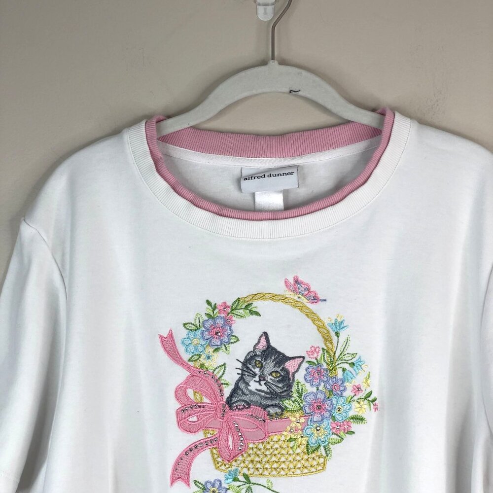 Vintage Alfred Dunner Top XLarge Embroidered CAT Grannycore Dainty Twee Kawaii - Picture 3 of 11